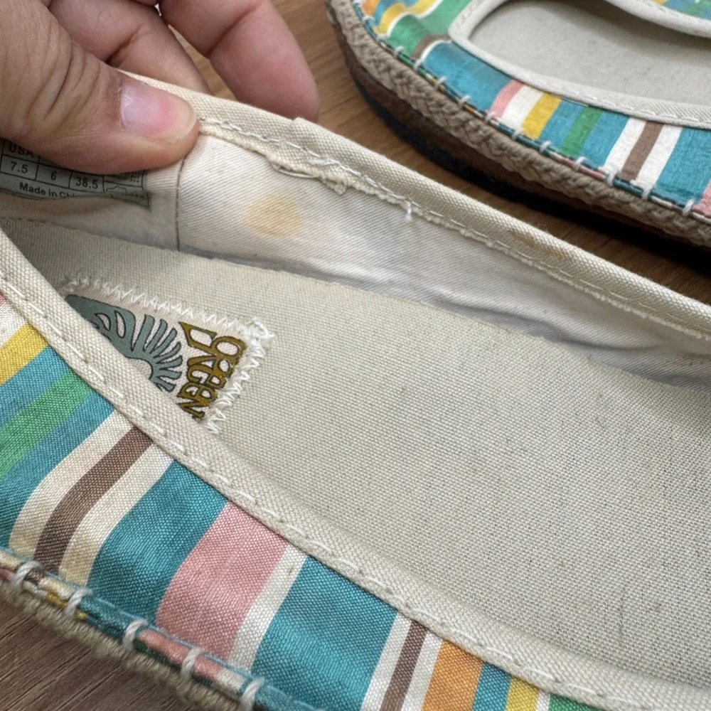 Simple‎ Green Silk Striped Espadrille Flats 7.5 Multicolor Boho Coastal Slip On
